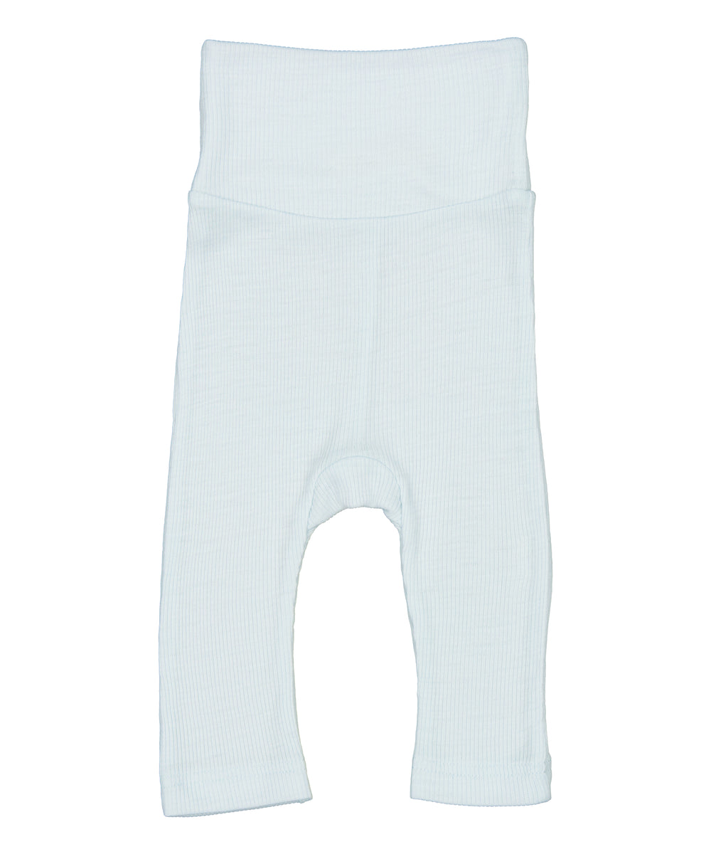 Lyseblå bukser til baby i merinould med bred ribtalje