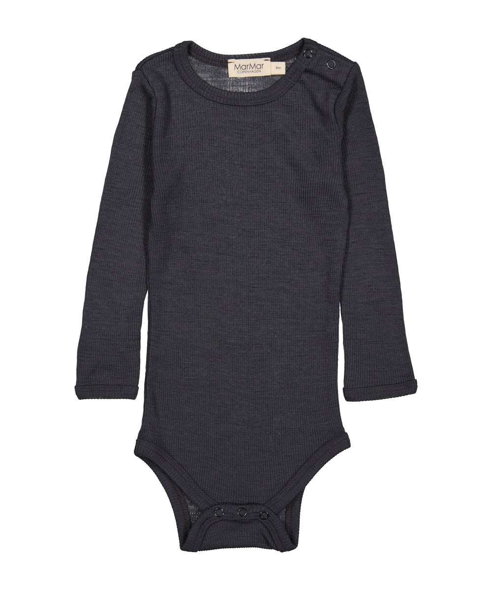 Sort langærmet body til baby i merinould