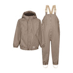 Børnesæt med regnjakke og overalls med mørkebrune striber