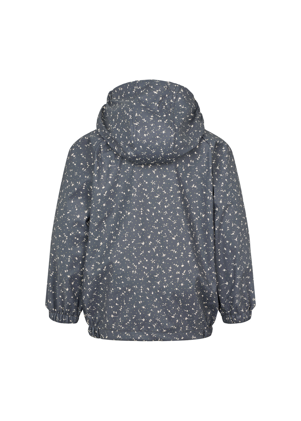 mørkeblå regnjakke til børn med småprint og hætte