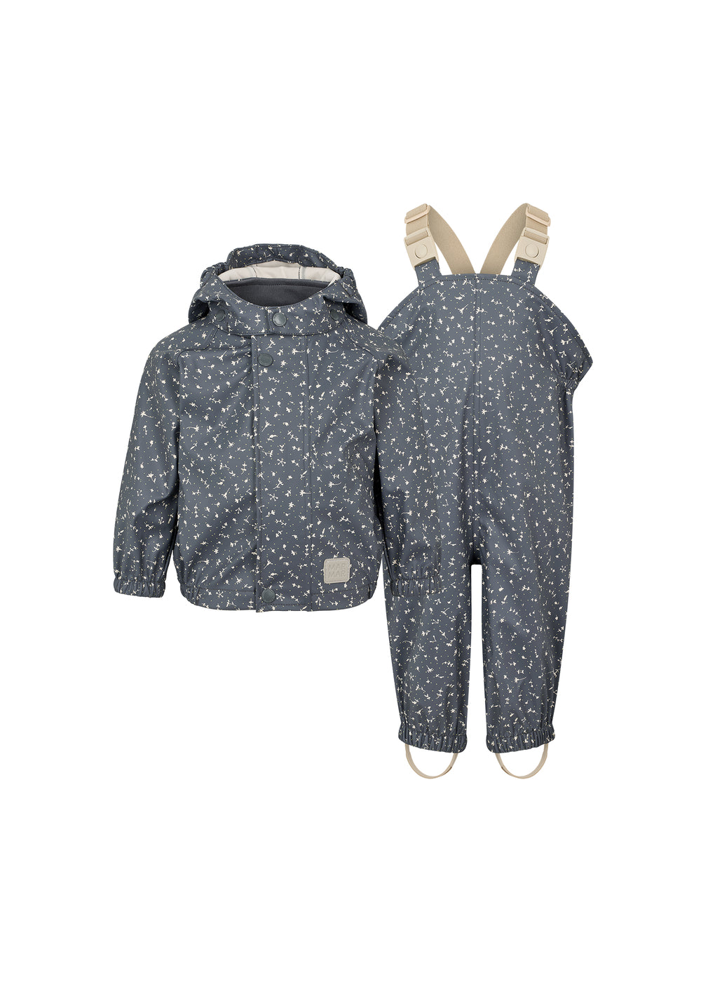 mørkeblåt regnsæt til børn med print, hætte og seler i bukserne