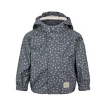 mørkeblå regnjakke til børn med småprint og hætte