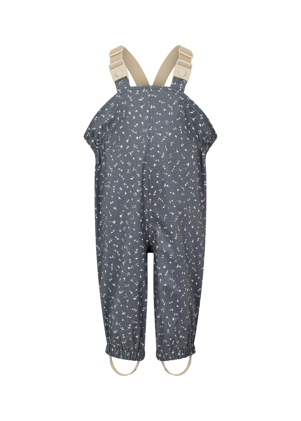 Børne-regnbukser i mørkeblå med små hvide blomster, justerbare seler og fodstropper