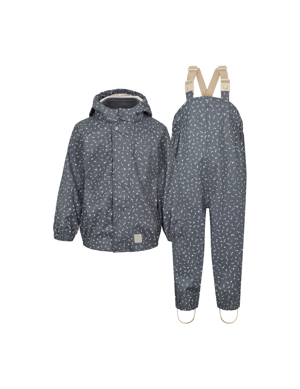 mørkeblå regnjakke til børn med småprint og hætte