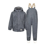 mørkeblåt regnsæt til børn med print, hætte og seler i bukserne