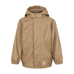 regnjakke med hætte og refleksmærke, set forfra