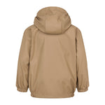 Bagside af beige regnjakke med hætte