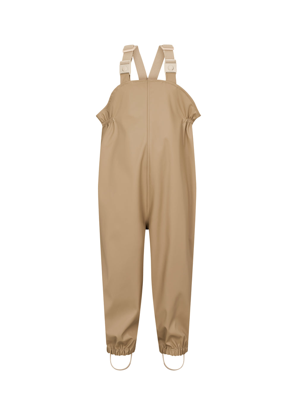 beige regnbukser med seler og fodstropper, set forfra
