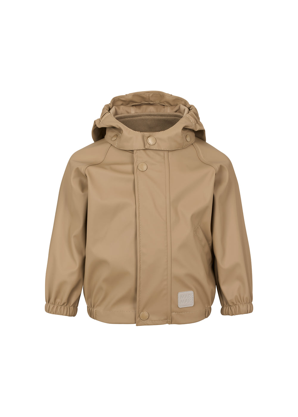 regnjakke med hætte og refleksmærke, set forfra