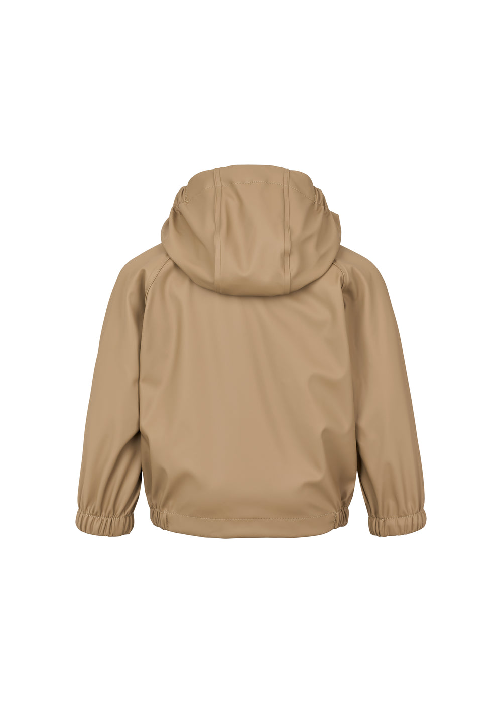 Bagside af beige regnjakke med hætte
