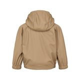 Bagside af beige regnjakke med hætte