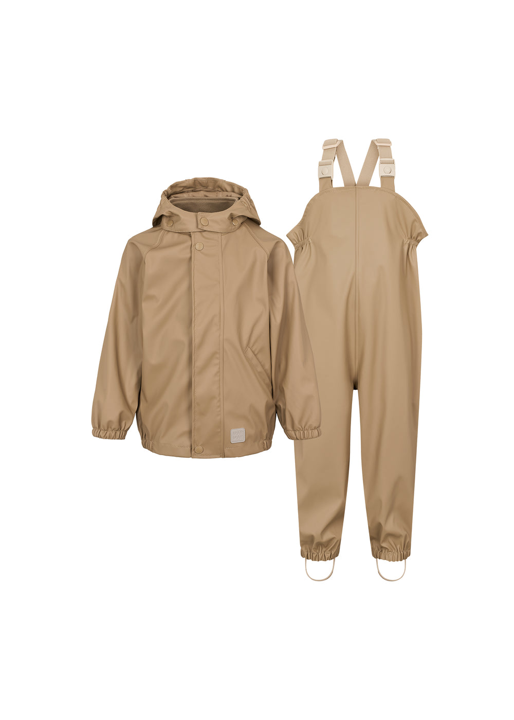 beige regnsæt til børn med hættejakke og selebukser med fodstropper