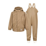 beige regnsæt til børn med hættejakke og selebukser med fodstropper