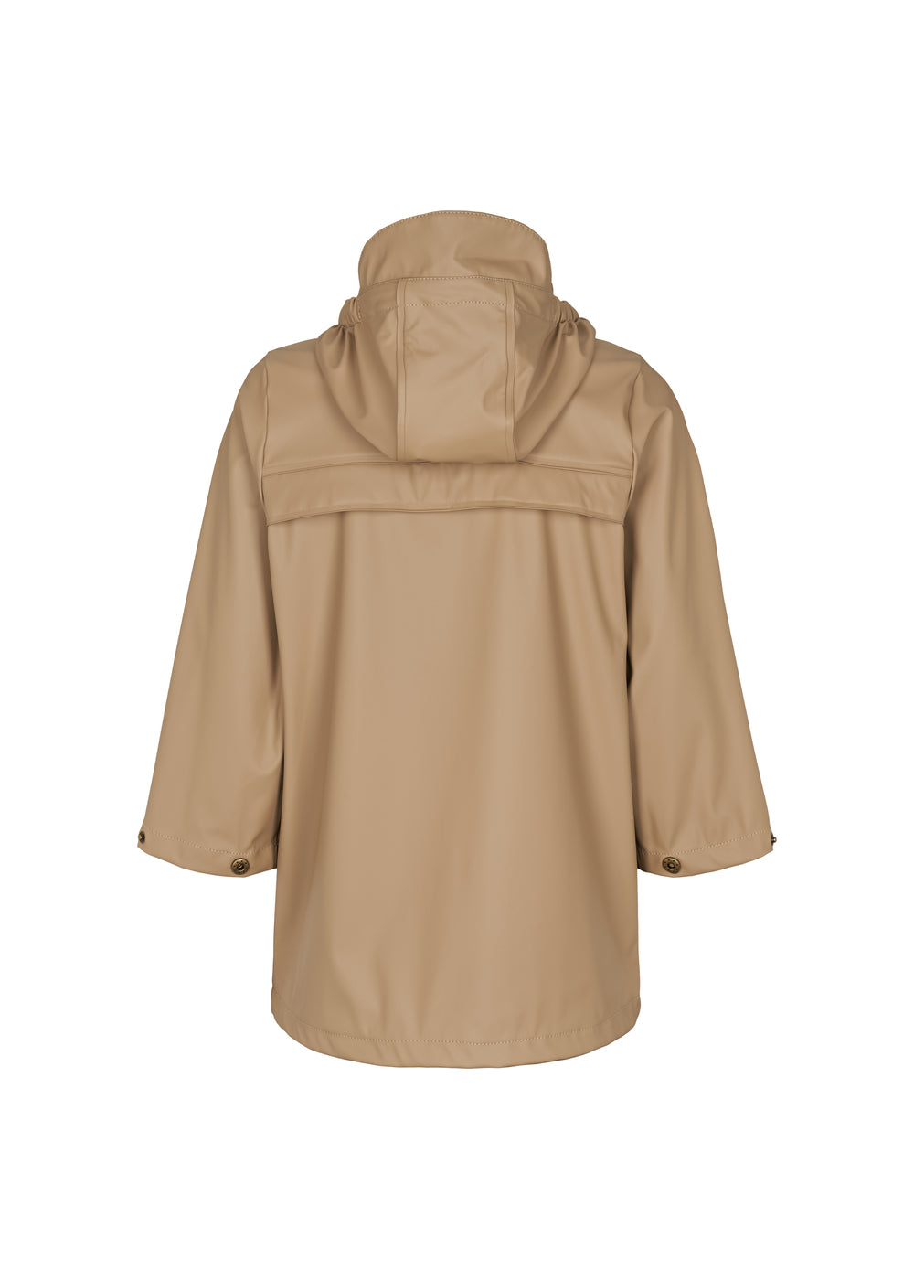 Bagside af beige regnjakke til børn med refleksdetalje og læg