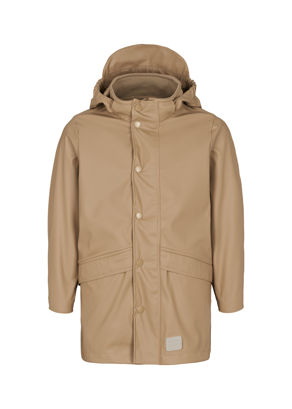 beige regnjakke til børn med knaplukning og aftagelig hætte