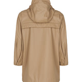 Bagside af beige regnjakke til børn med refleksdetalje og læg