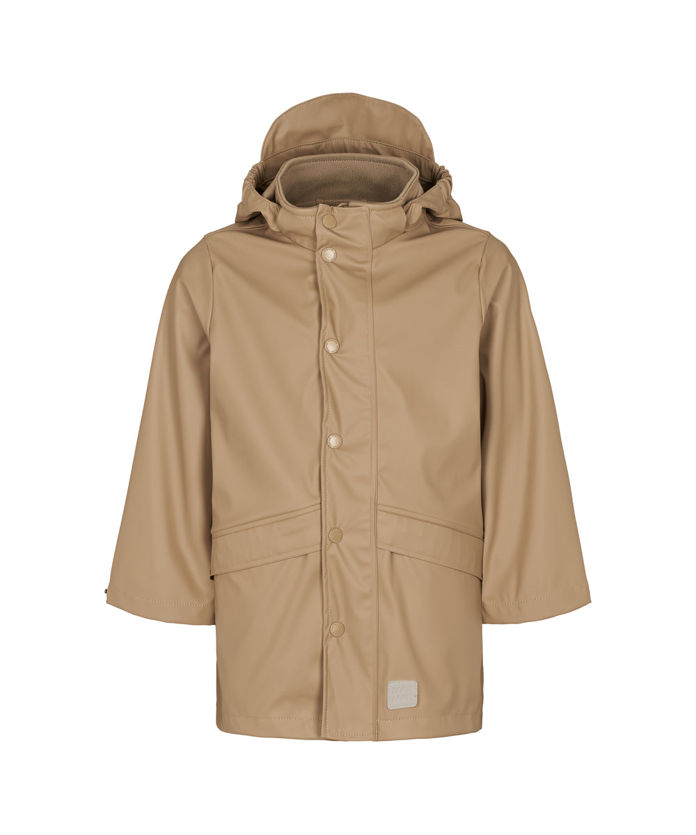 beige regnjakke til børn med knaplukning og aftagelig hætte