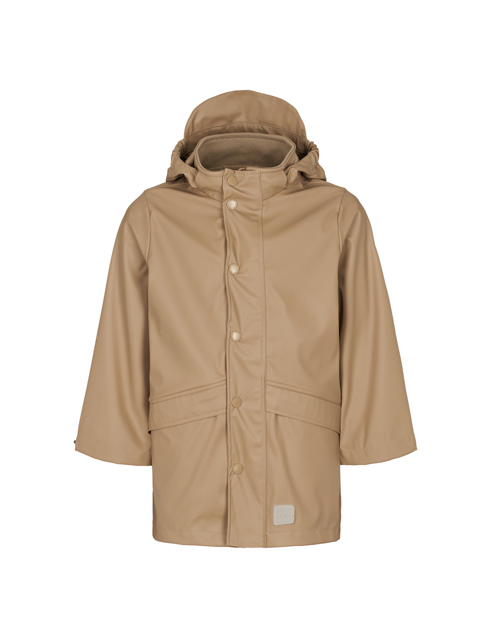 beige regnjakke til børn med knaplukning og aftagelig hætte
