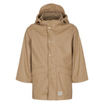 beige regnjakke til børn med knaplukning og aftagelig hætte