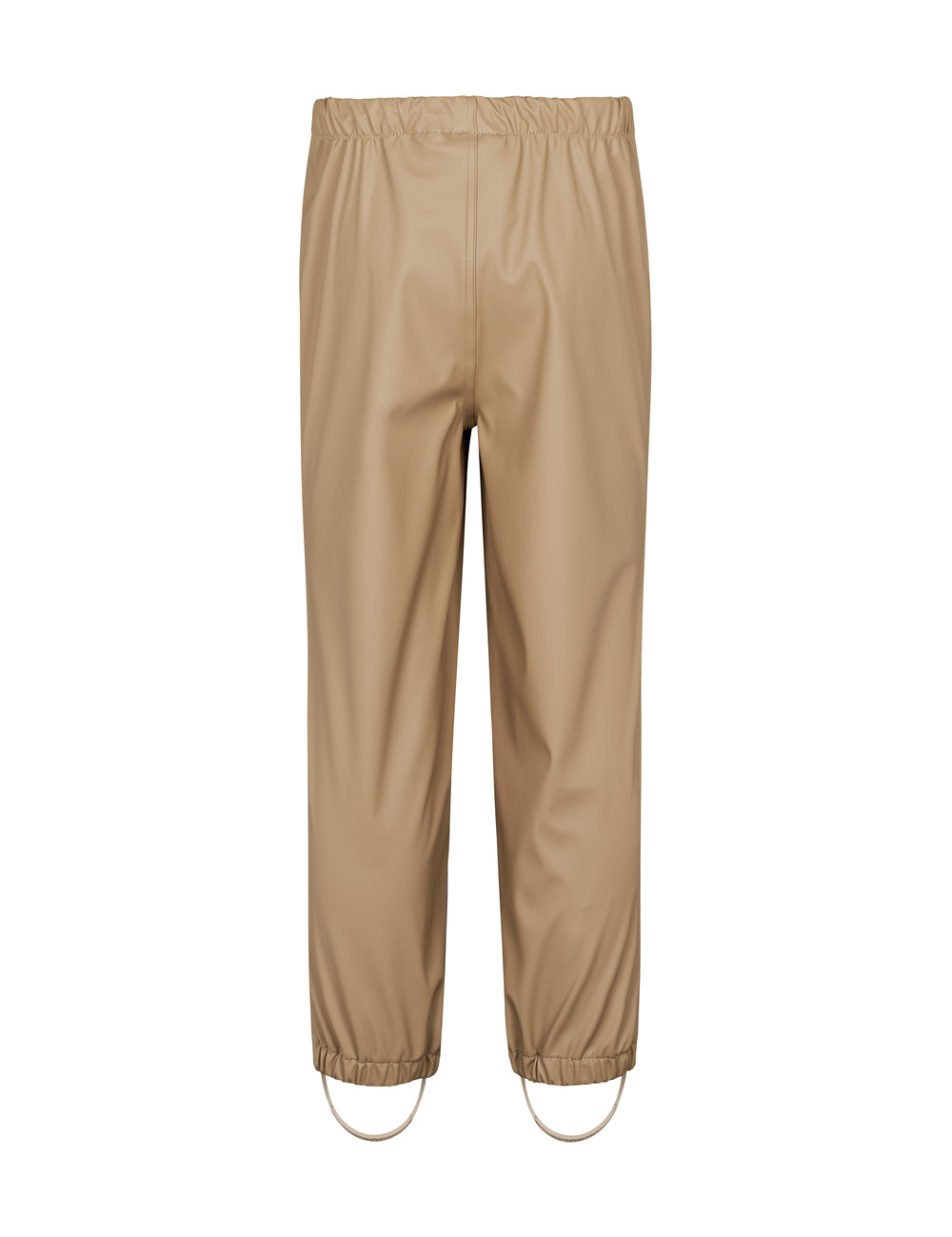 Bagside af beige regnbukser til børn med elastik og fodstropper