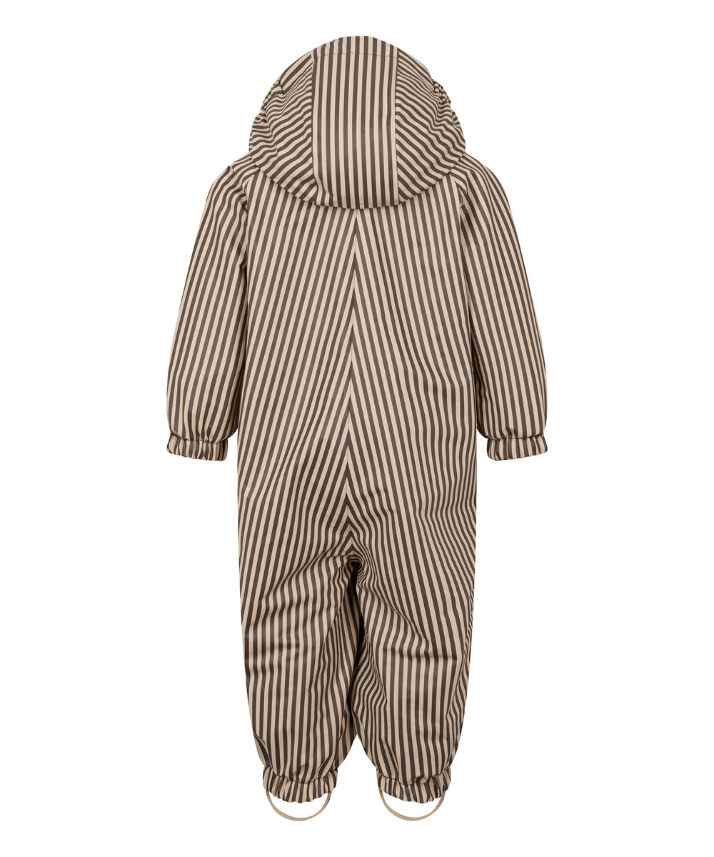 Brun og hvid striped regndragt til børn med hætte og elastikstropper
