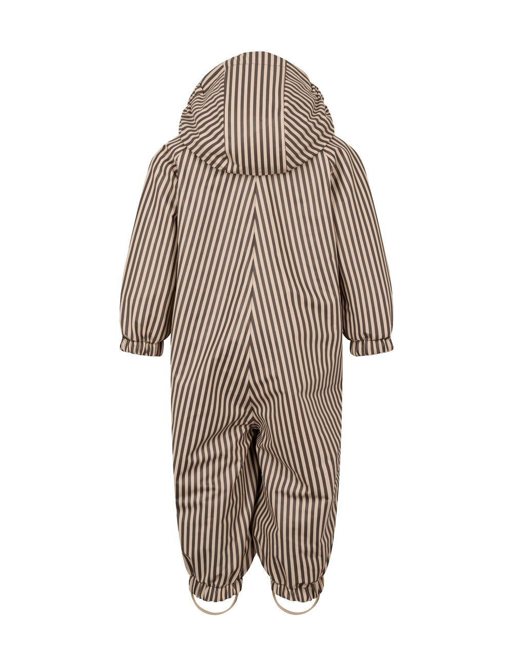 Brun og hvid striped regndragt til børn med hætte og elastikstropper