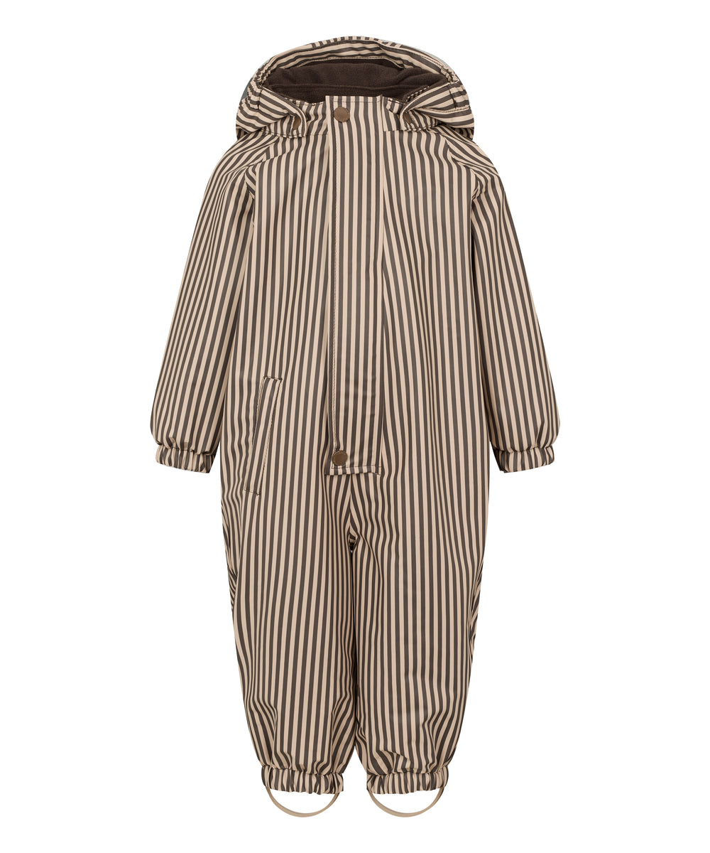 Brun og hvid striped regndragt til børn med hætte og elastikstropper