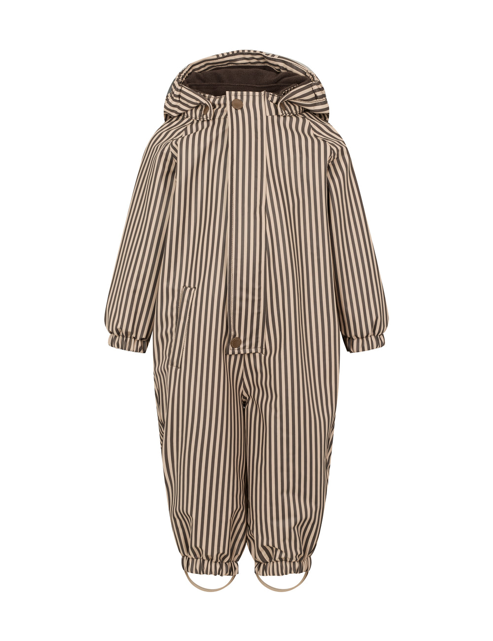 Brun og hvid stribet regndragt til børn med hætte og elastikstropper