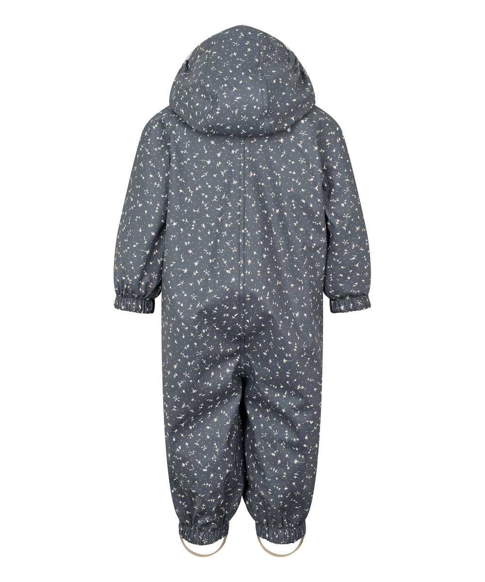 Blå regndragt til børn med hvide pricker, hætte og elastikstropper