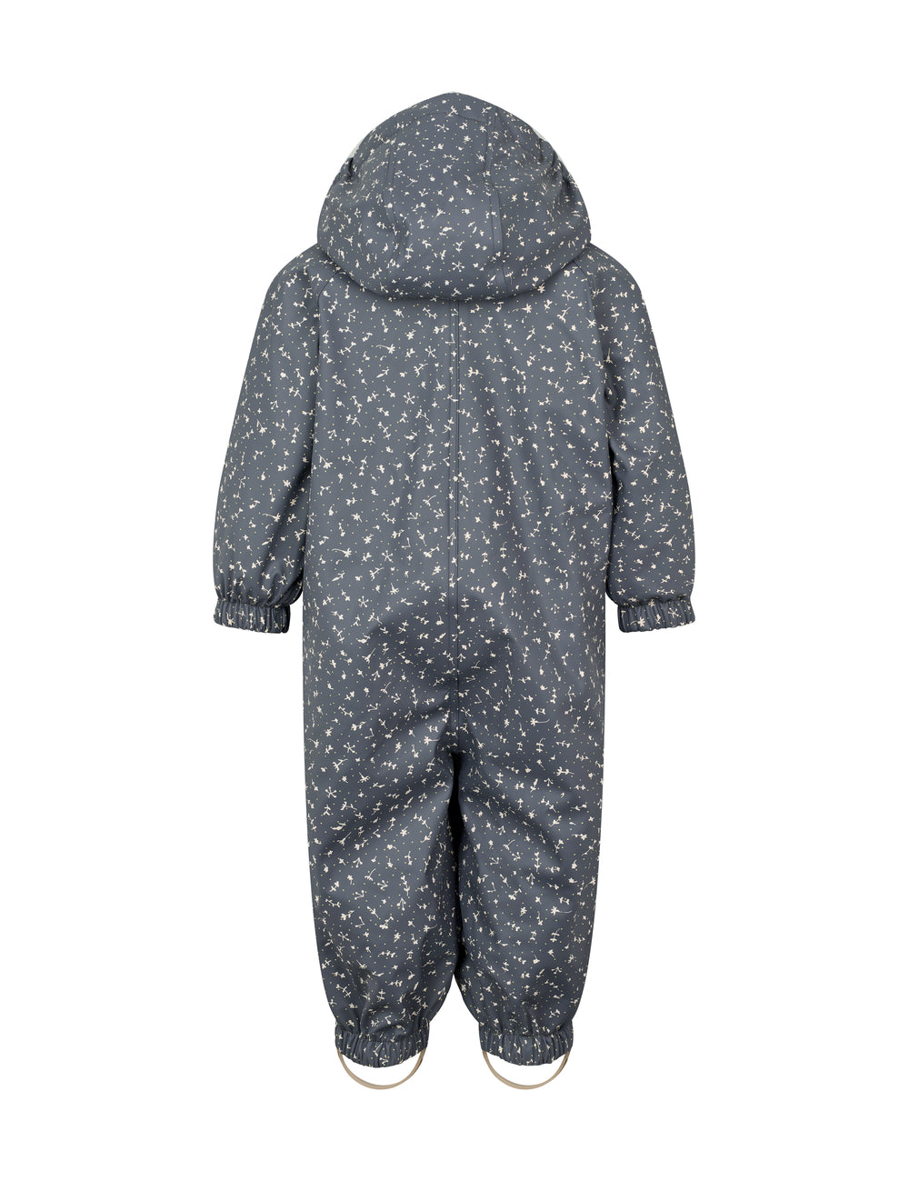 Blå regndragt til børn med hvide pricker, hætte og elastikstropper