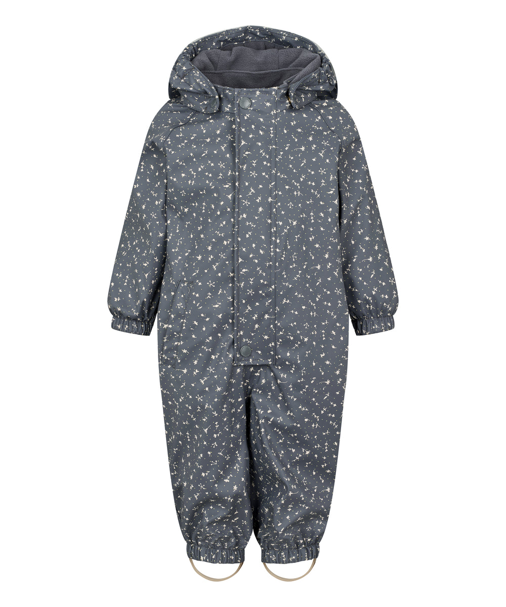 Blå regndragt til børn med hvide pricker, hætte og elastikstropper