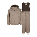 Regnsæt til børn i brun med striber, jakke og selebukser
