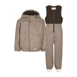 Regnsæt til børn i brun med striber, jakke og selebukser