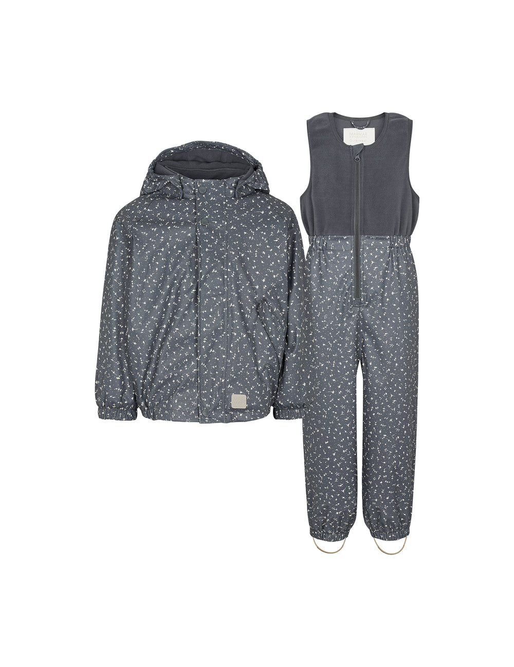 Regnsæt til børn i mørkegrå med små prikker, jakke og selebukser
