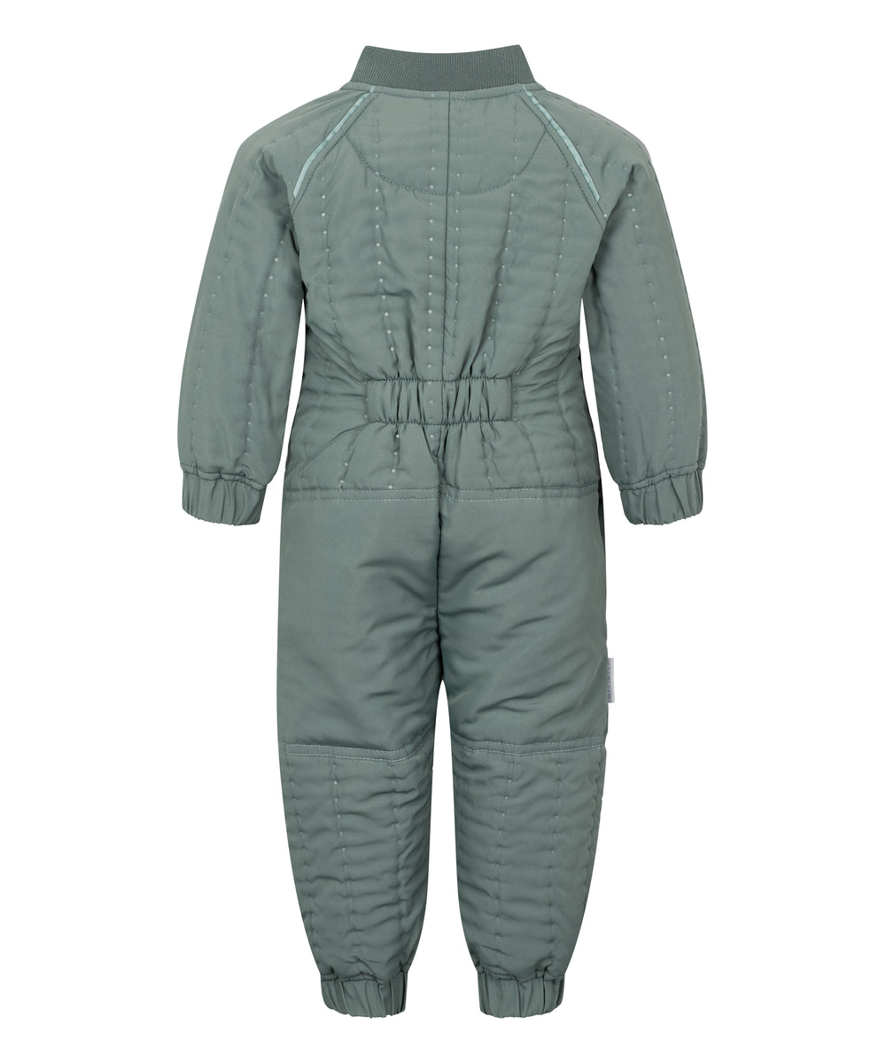Bagside af støvet grøn termodragt til baby med elastik i taljen og ribkanter