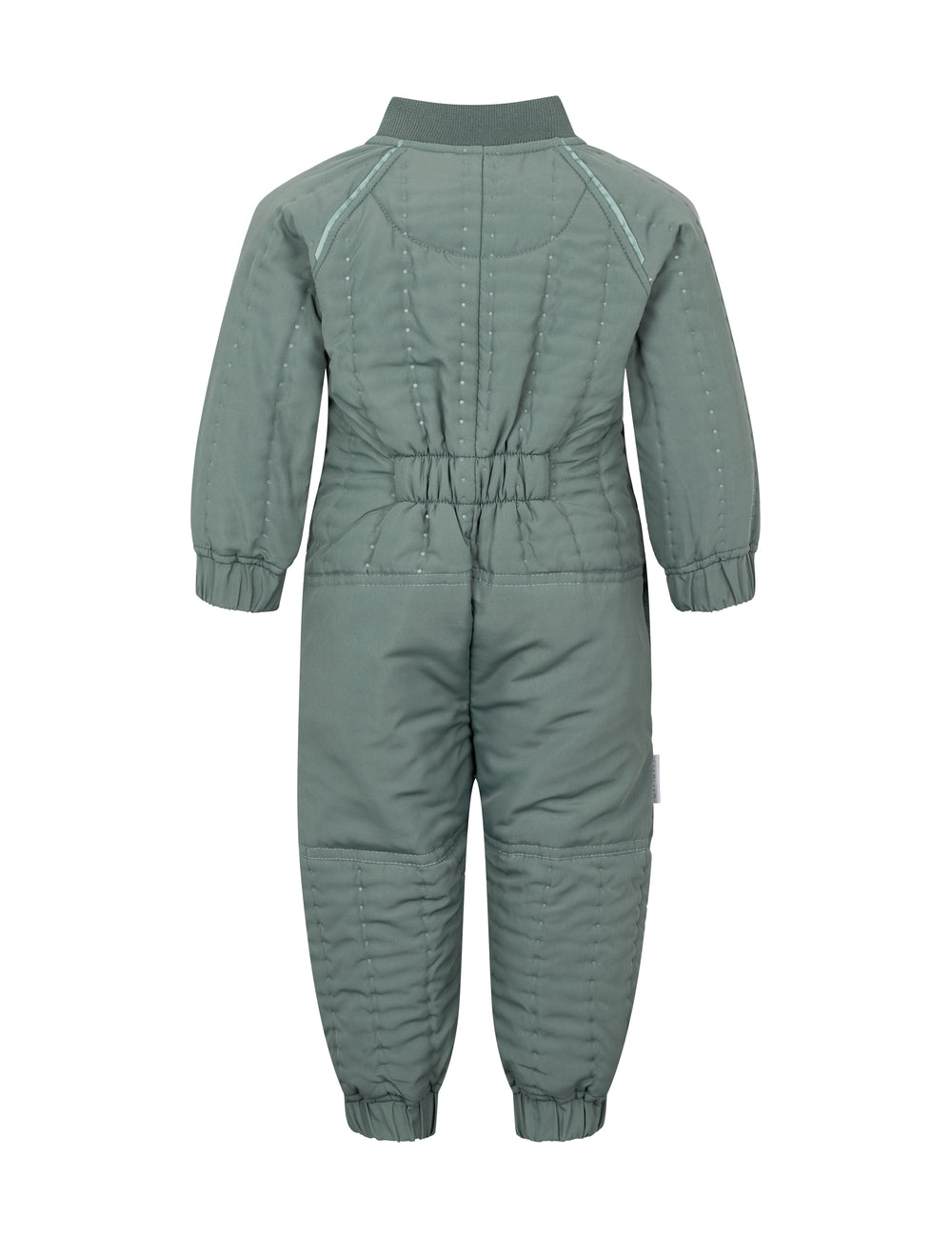 Bagside af støvet grøn termodragt til baby med elastik i taljen og ribkanter