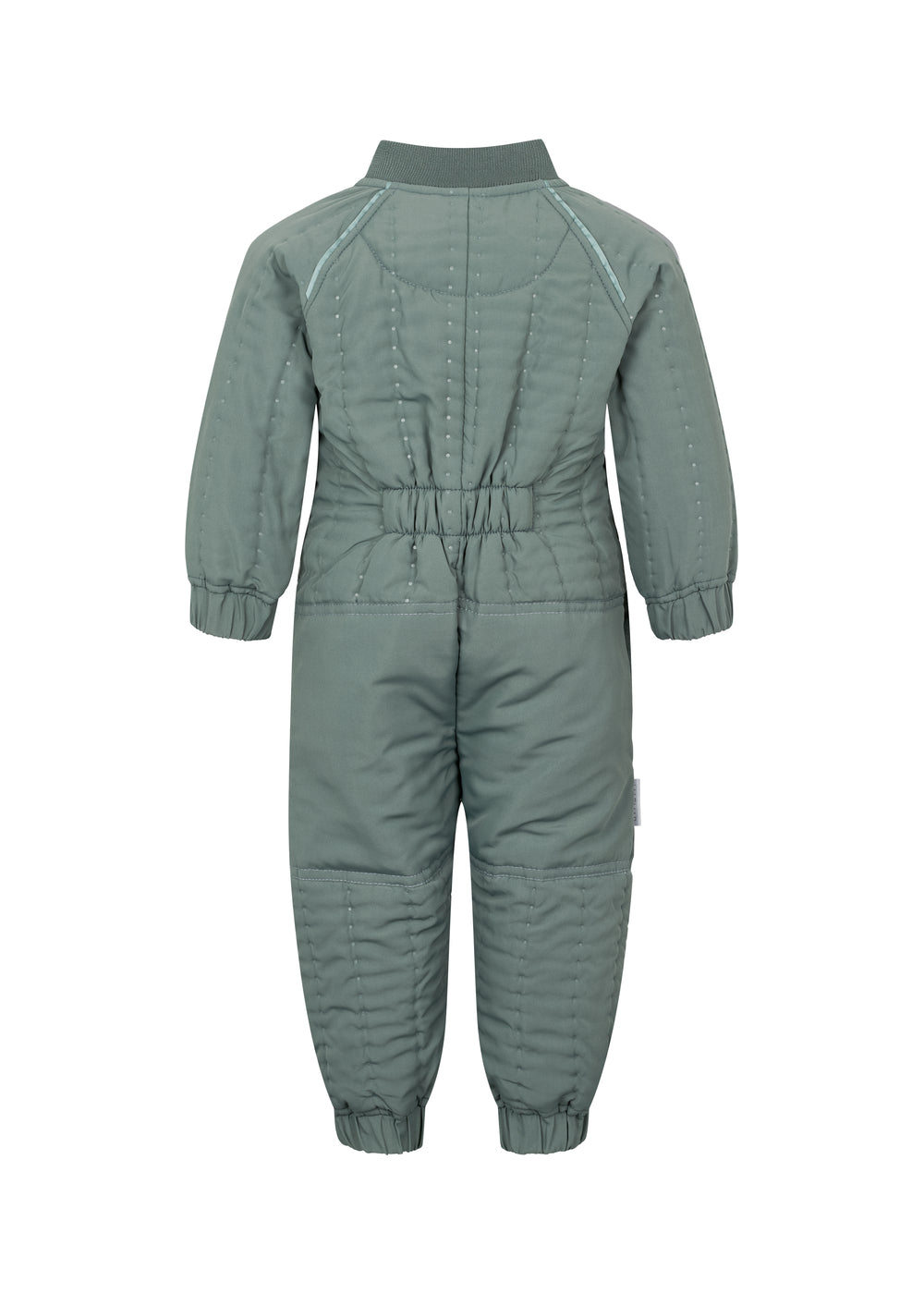 Bagside af støvet grøn termodragt til baby med elastik i taljen og ribkanter