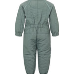 Bagside af støvet grøn termodragt til baby med elastik i taljen og ribkanter