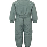 Bagside af støvet grøn termodragt til baby med elastik i taljen og ribkanter