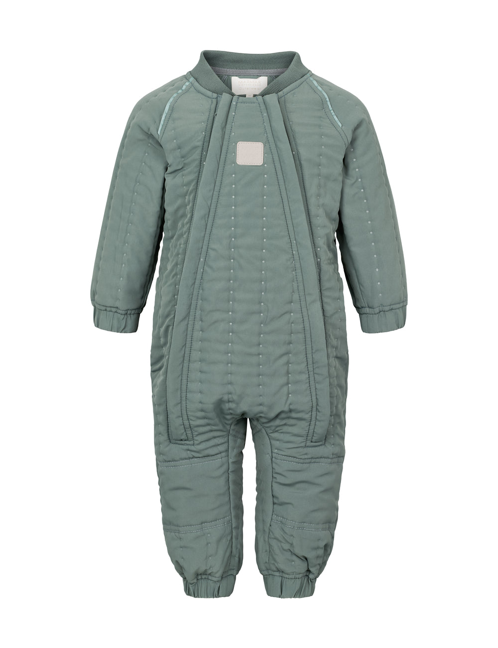 Bagside af støvet grøn termodragt til baby med elastik i taljen og ribkanter
