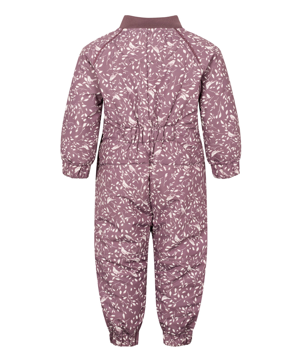 Bagside af støvlilla termodragt til baby med bladmønster og elastik i taljen