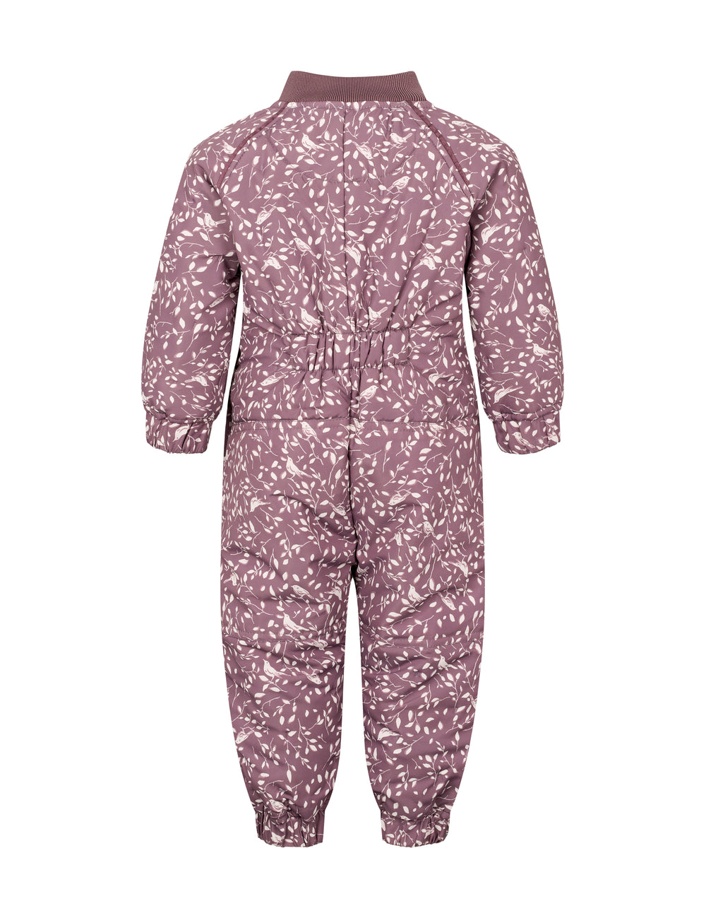 Bagside af støvlilla termodragt til baby med bladmønster og elastik i taljen