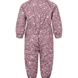 Bagside af støvlilla termodragt til baby med bladmønster og elastik i taljen