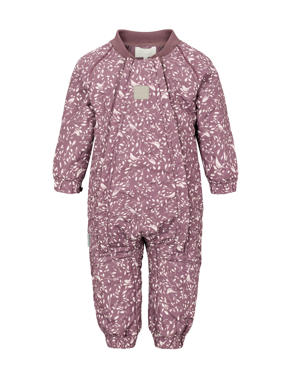 Bagside af støvlilla termodragt til baby med bladmønster og elastik i taljen.