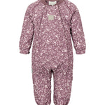 støvlilla termodragt til baby med hvidt bladmønster og ribkrave