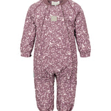 støvlilla termodragt til baby med hvidt bladmønster og ribkrave