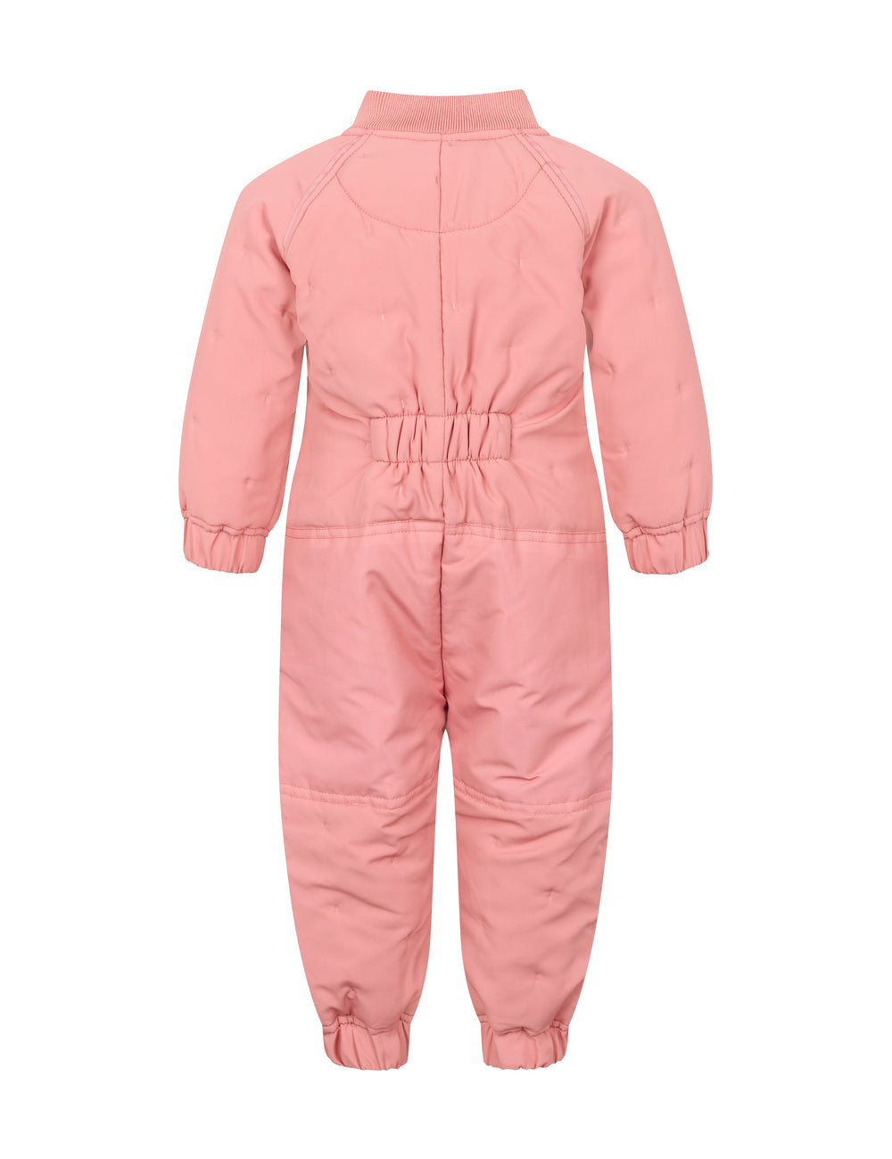Bagside af lyserød termodragt til baby med elastik i taljen og ribkanter
