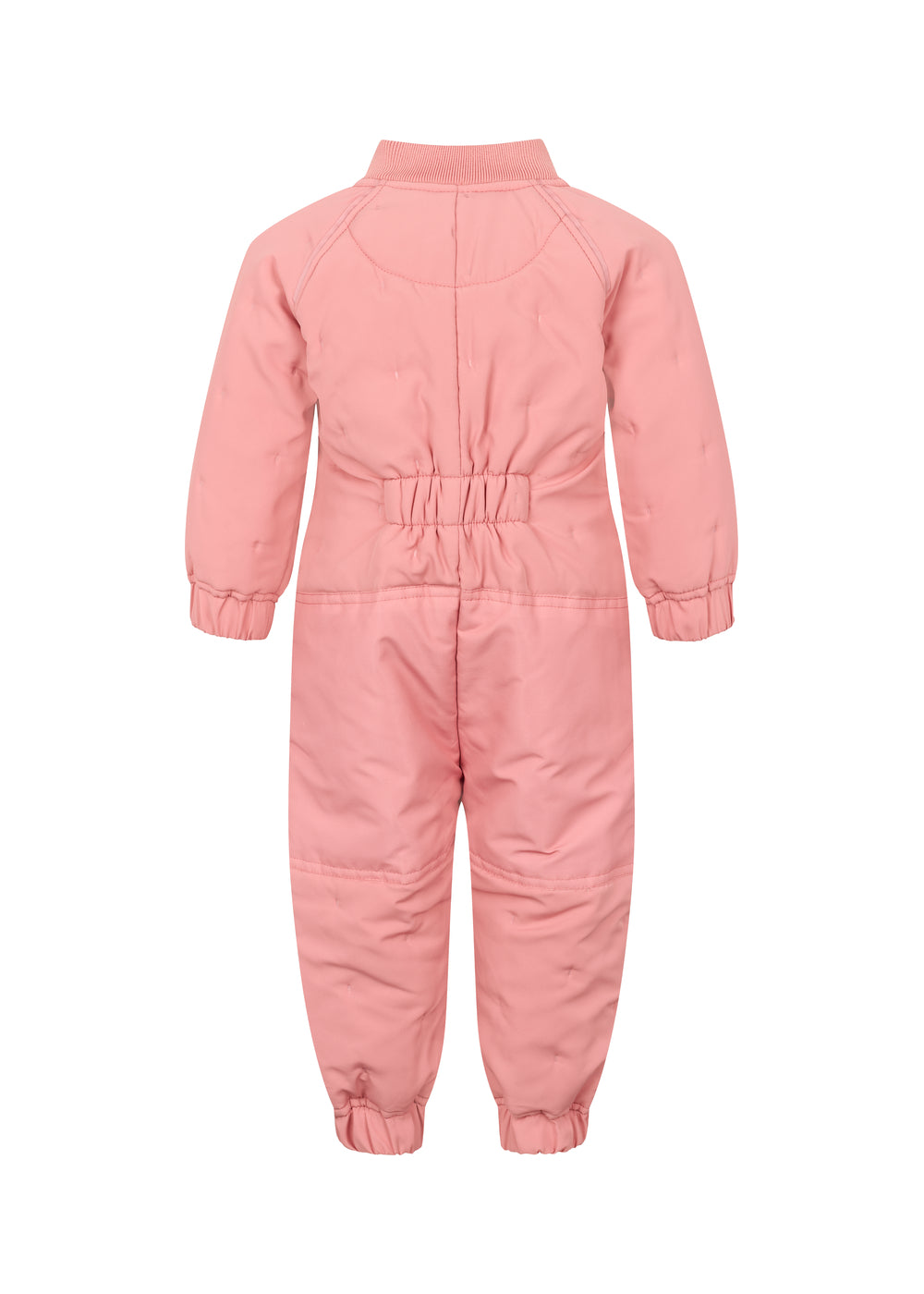Bagside af lyserød termodragt til baby med elastik i taljen og ribkanter