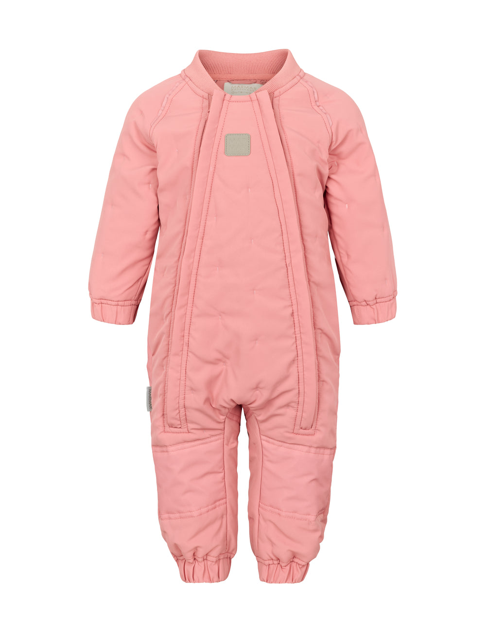 Bagside af lyserød termodragt til baby med elastik i taljen og ribkanter
