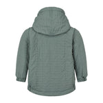 støvet grøn termojakke med hætte og dobbeltradet knaplukning